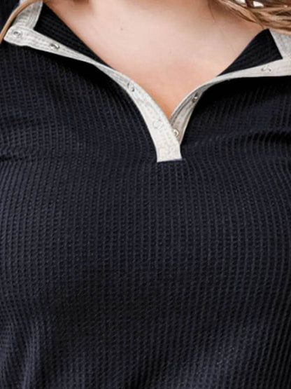 Plus Size Waffle-Knit Half Snap Long Sleeve Shirt - IntuitiveEncBoutique
