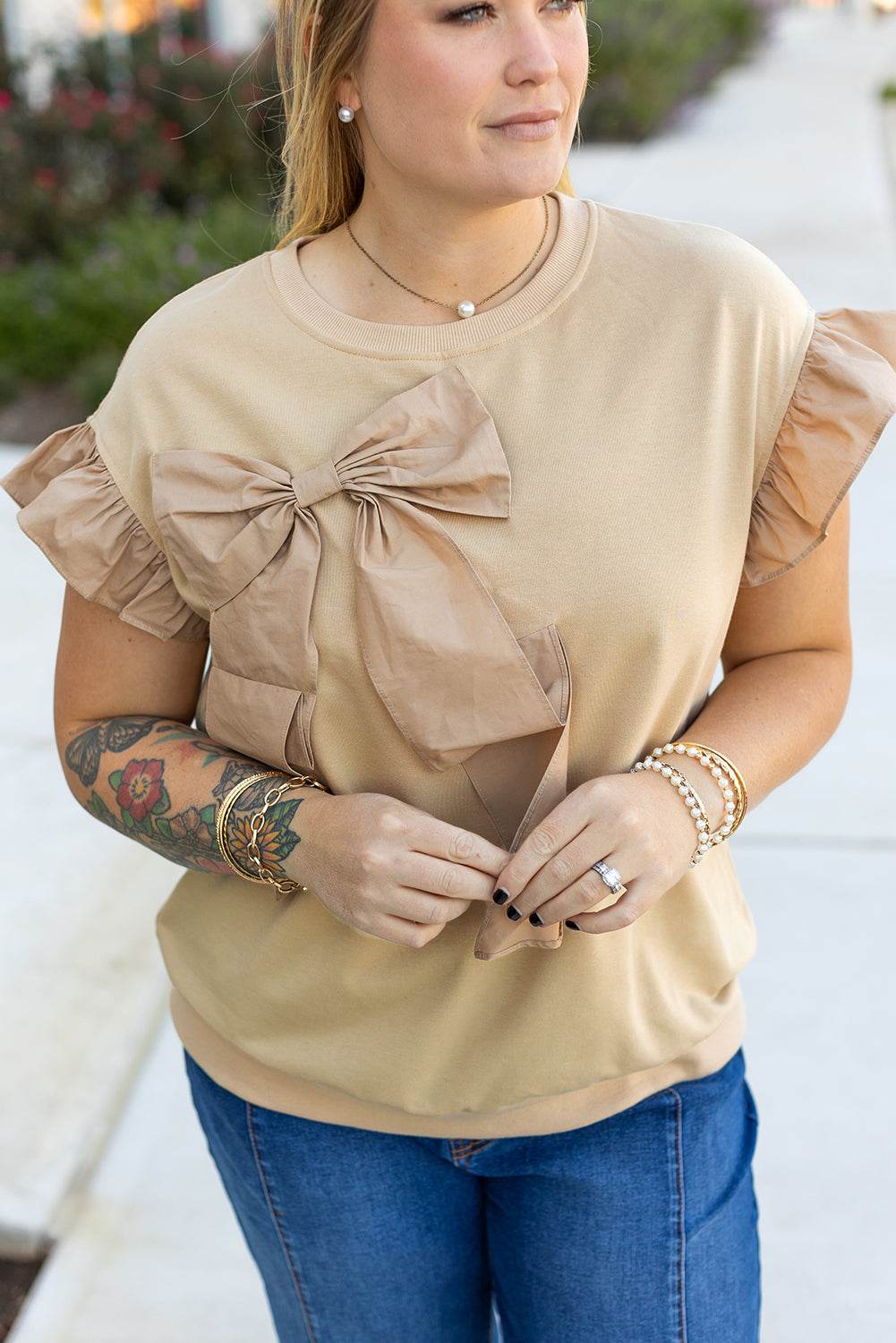 Parchment Ruffled Short Sleeve Bowknot Applique Crew Neck Plus Size Top - IntuitiveEncBoutique
