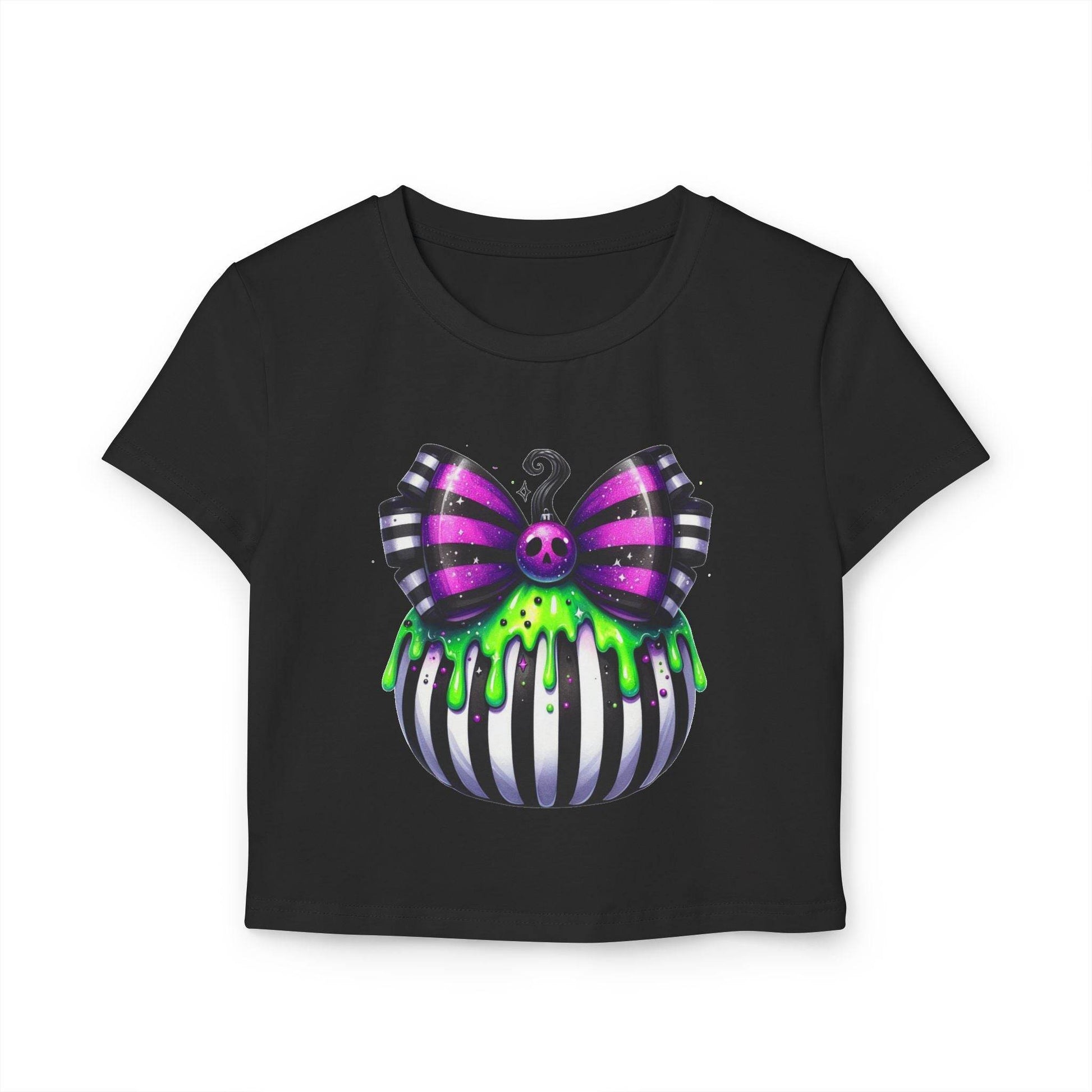 Cute Halloween Baby Tee with Spooky Bow Design | Women's Graphic T-Shirt, Party Shirt, Fall Fashion, Gift Idea, Casual Wear - IntuitiveEncBoutique