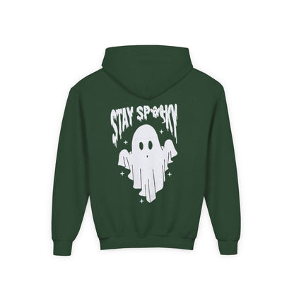 Youth Ghostly Rocker Hoodie - Stay Spooky Sweatshirt, Halloween Apparel, Youth Fashion, Skeleton Design, Cozy Gift - IntuitiveEncBoutique