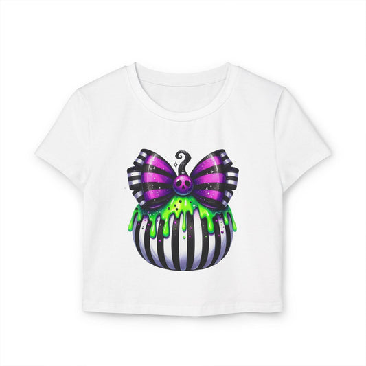 Cute Halloween Baby Tee with Spooky Bow Design | Women's Graphic T-Shirt, Party Shirt, Fall Fashion, Gift Idea, Casual Wear - IntuitiveEncBoutique