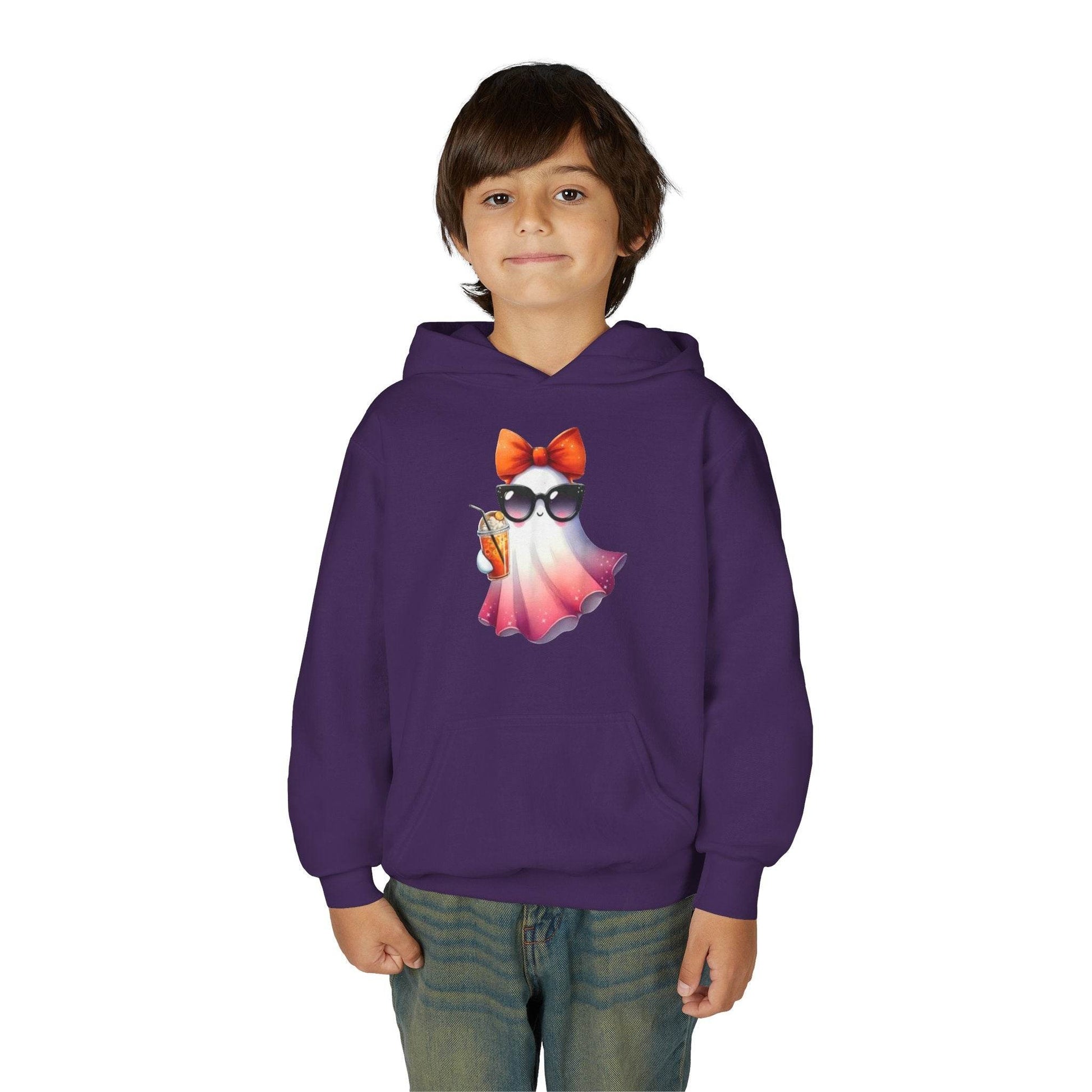 Youth Ghostly Glam Hoodie, Cute Ghost Design Sweatshirt, Halloween Apparel, Halloween Costume, Kids Hooded Sweatshirt - IntuitiveEncBoutique