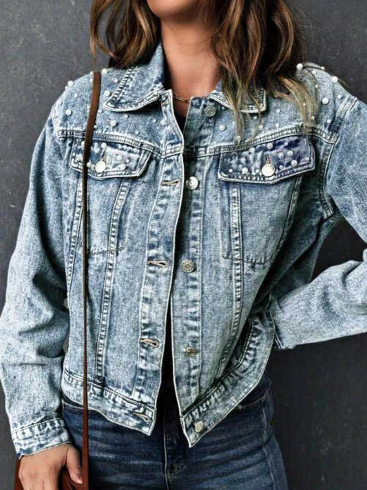 Full Size Pearl Detail Button Up Long Sleeve Denim Jacket Plus Size - IntuitiveEncBoutique