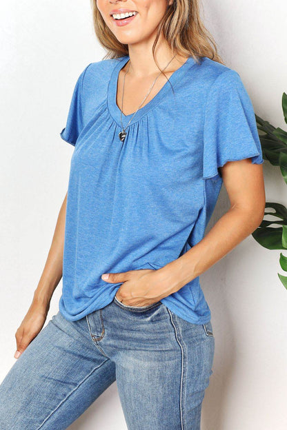 Double Take Ruched V-Neck Short Sleeve T-Shirt - IntuitiveEncBoutique
