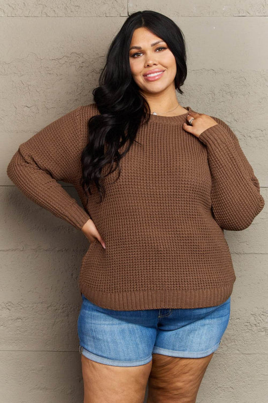 Zenana Breezy Days Plus Size High Low Waffle Knit Sweater - IntuitiveEncBoutique