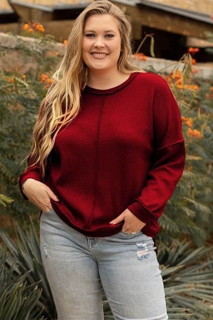 Plus Size Exposed Seam Waffle-Knit High-Low Sweatshirt - IntuitiveEncBoutique