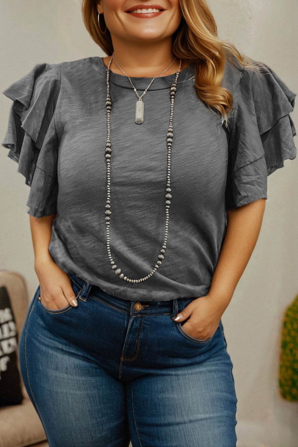 Dark Grey Double Ruffled Short Sleeve Plus Size Top - IntuitiveEncBoutique