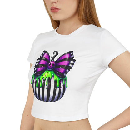 Cute Halloween Baby Tee with Spooky Bow Design | Women's Graphic T-Shirt, Party Shirt, Fall Fashion, Gift Idea, Casual Wear - IntuitiveEncBoutique