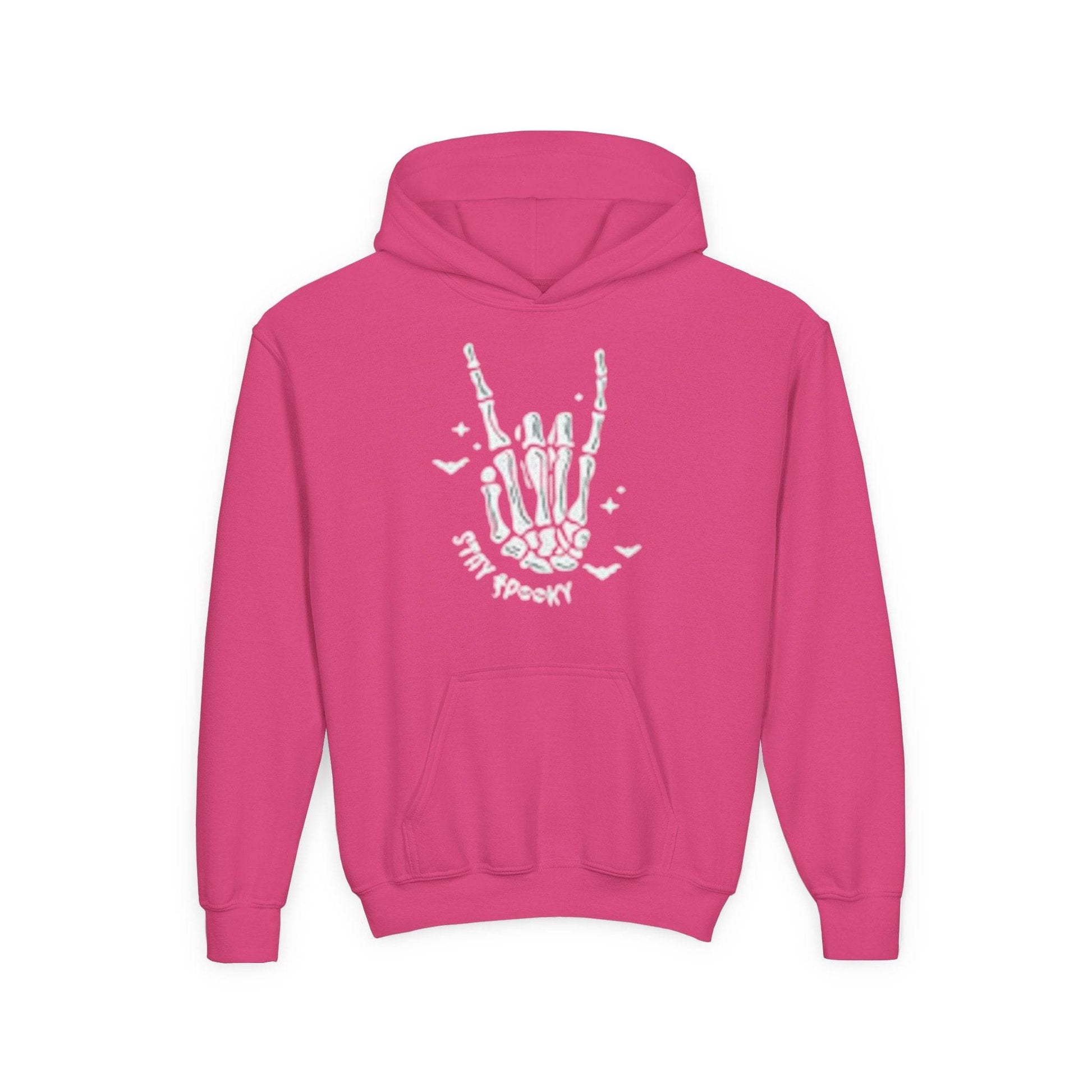 Youth Ghostly Rocker Hoodie - Stay Spooky Sweatshirt, Halloween Apparel, Youth Fashion, Skeleton Design, Cozy Gift - IntuitiveEncBoutique