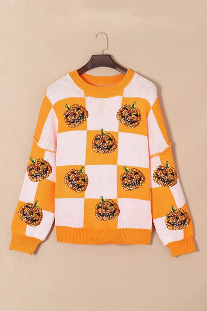 Pumpkin Checkered Round Neck Long Sleeve Sweater - IntuitiveEncBoutique