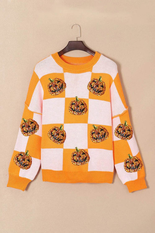 Pumpkin Checkered Round Neck Long Sleeve Sweater - IntuitiveEncBoutique