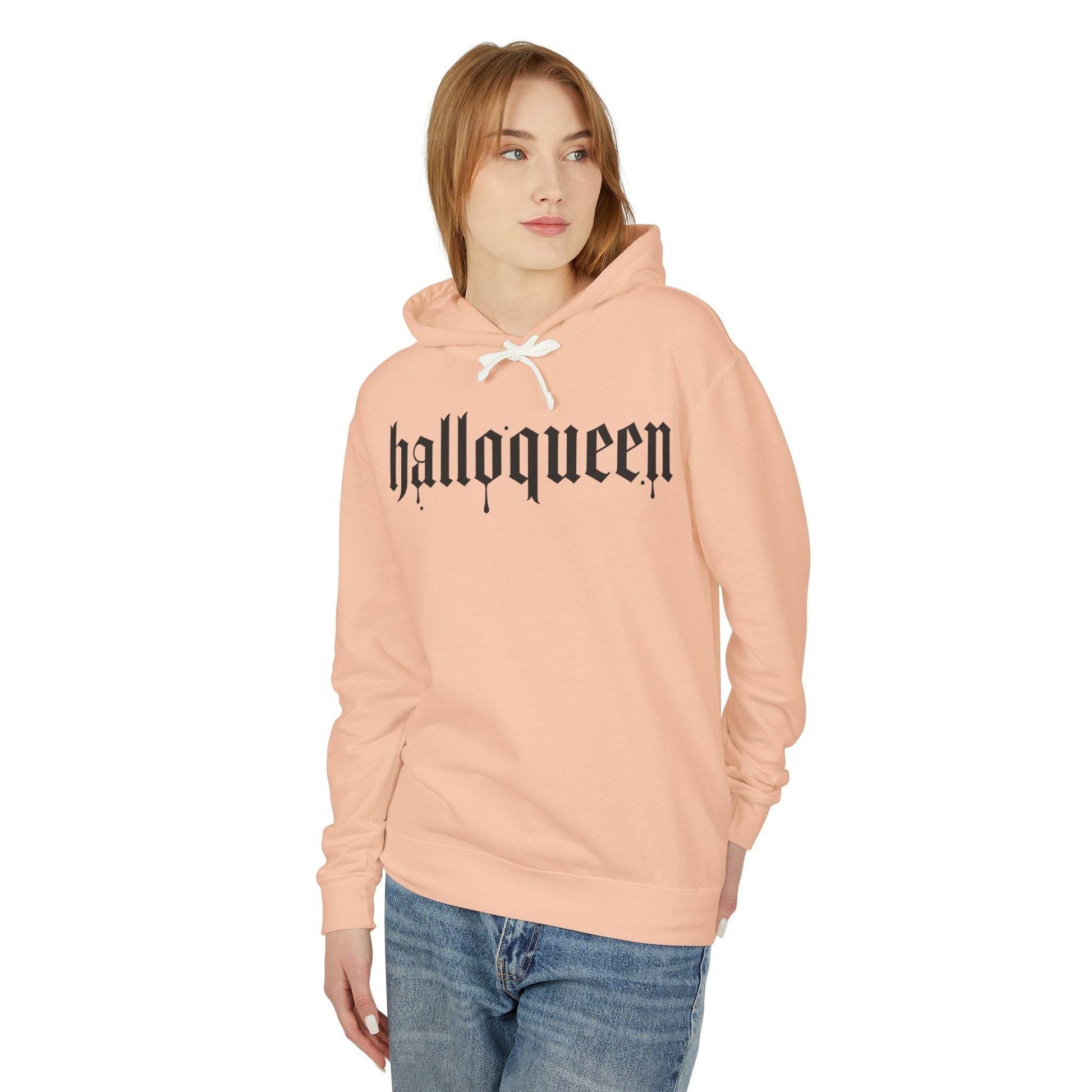 Halloween Unisex Lightweight Hoodie, Halloqueen Sweatshirt, Cute Fall Fashion, Cozy Halloween Gift, Spooky Season Apparel - IntuitiveEncBoutique