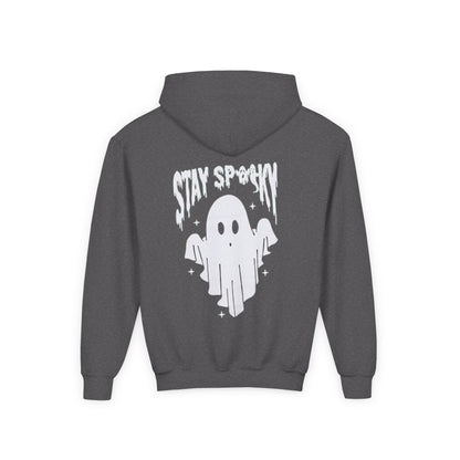Youth Ghostly Rocker Hoodie - Stay Spooky Sweatshirt, Halloween Apparel, Youth Fashion, Skeleton Design, Cozy Gift - IntuitiveEncBoutique