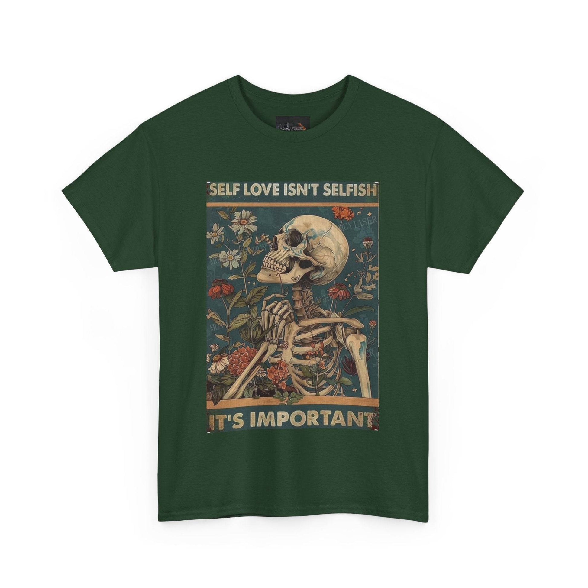 Self Love Isn't Selfish Unisex Heavy Cotton Tee, Positive Affirmation Shirt, Skeleton Graphic Tee, Casual Wear, Gift for Self-Care, - IntuitiveEncBoutique