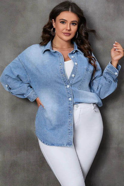 Plus Size Button Up Pocketed Denim Top - IntuitiveEncBoutique