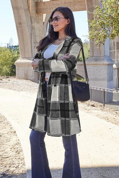Double Take Full Size Plaid Button Up Lapel Collar Coat - IntuitiveEncBoutique