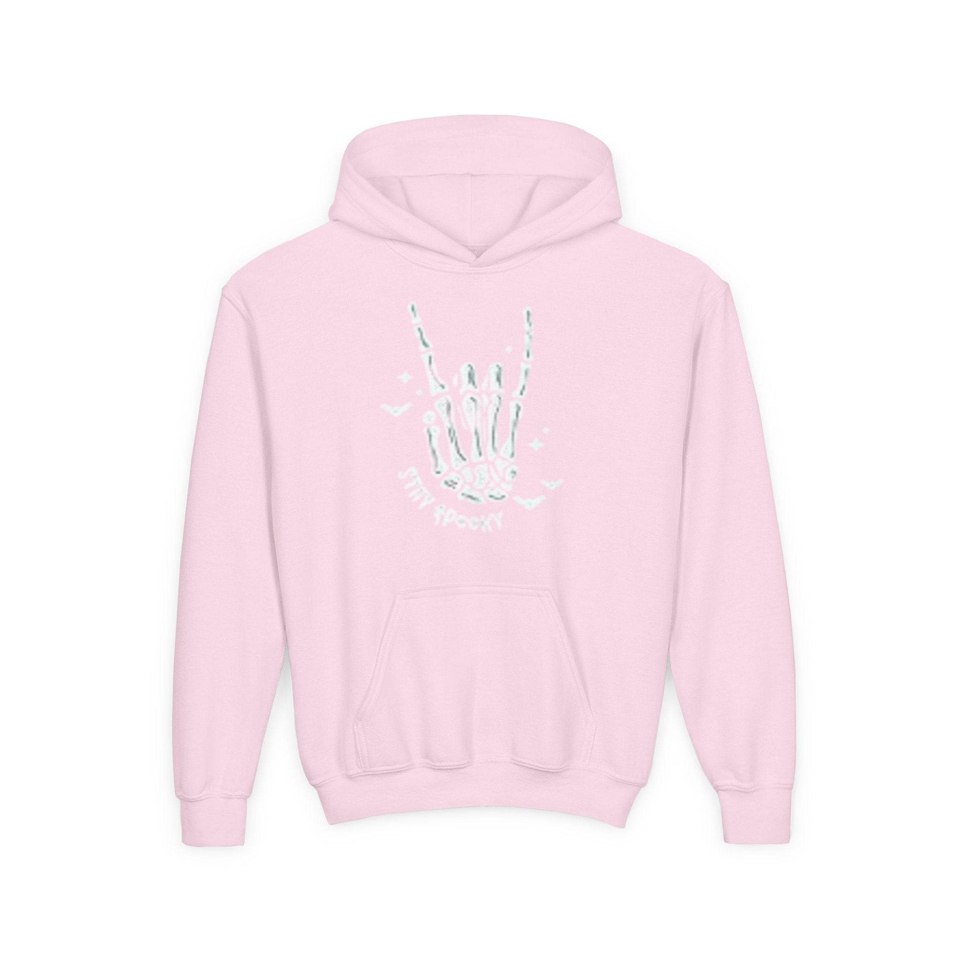 Youth Ghostly Rocker Hoodie - Stay Spooky Sweatshirt, Halloween Apparel, Youth Fashion, Skeleton Design, Cozy Gift - IntuitiveEncBoutique