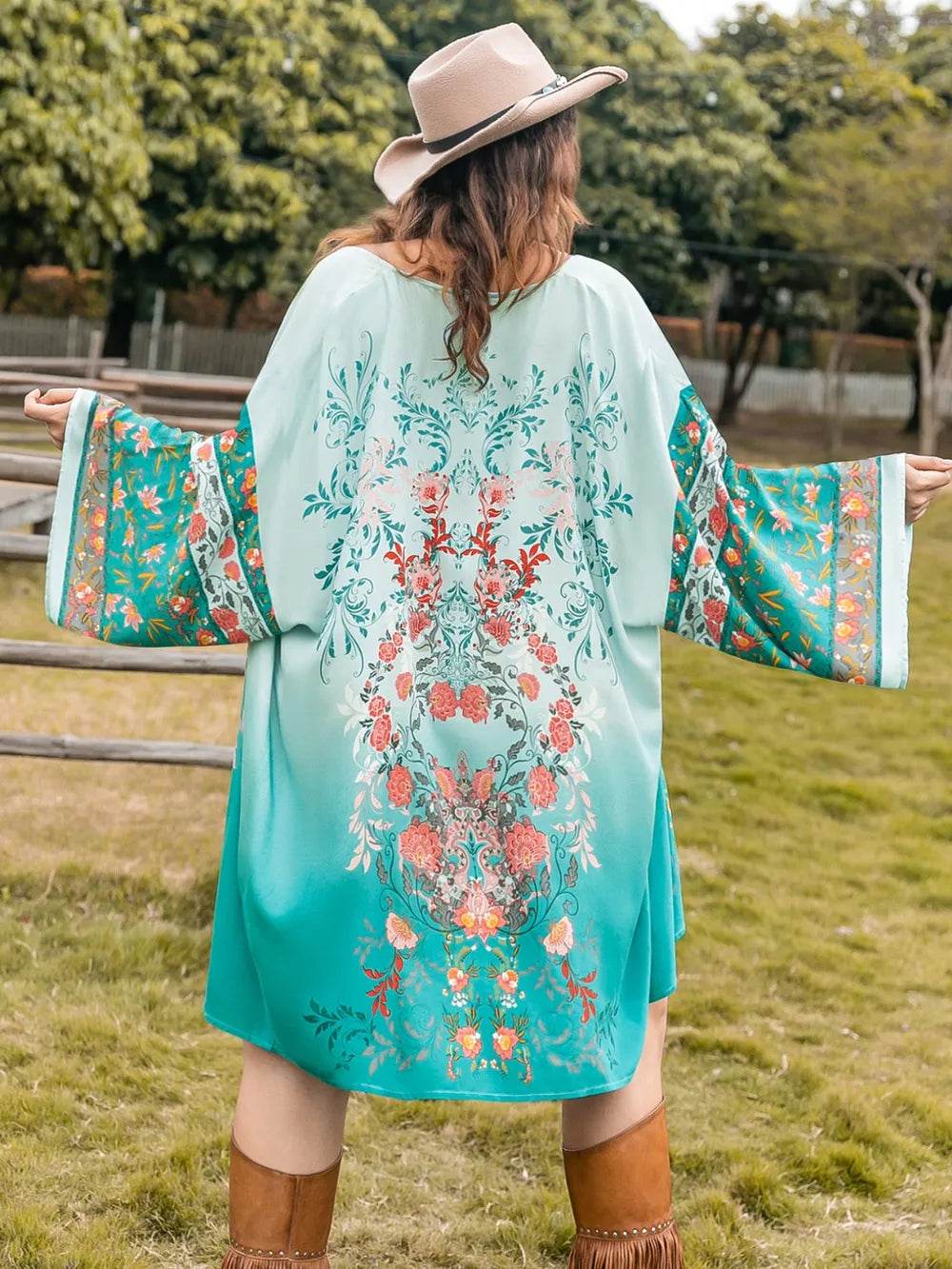 Plus Size Printed Open Front Long Sleeve Cover Up - IntuitiveEncBoutique