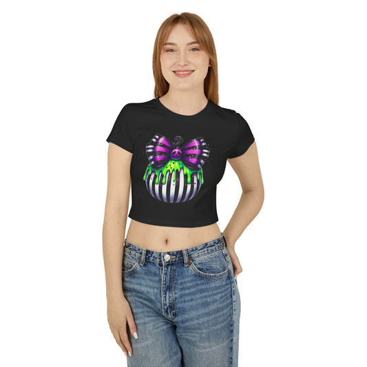 Cute Halloween Baby Tee with Spooky Bow Design | Women's Graphic T-Shirt, Party Shirt, Fall Fashion, Gift Idea, Casual Wear - IntuitiveEncBoutique
