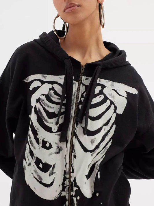 Skeleton Zip Up Drawstring Hoodie - IntuitiveEncBoutique
