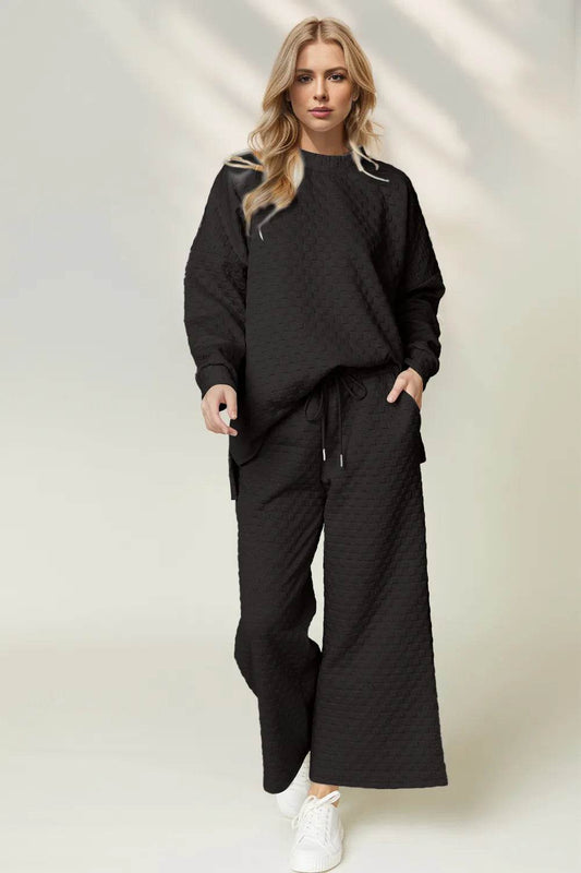 Double Take Checkered Slit High-Low Round Neck Top and Wide Leg Pants Set - IntuitiveEncBoutique