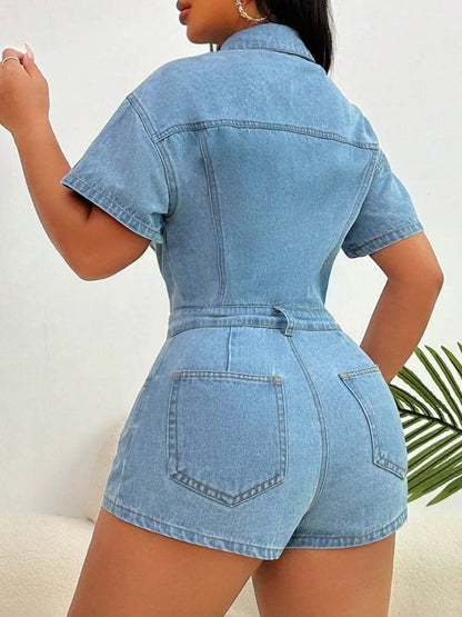 Collared Neck Short Sleeve Denim Romper - IntuitiveEncBoutique