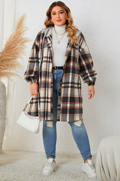 Honey Plus Size Plaid Drop Shoulder Hooded Coat - IntuitiveEncBoutique
