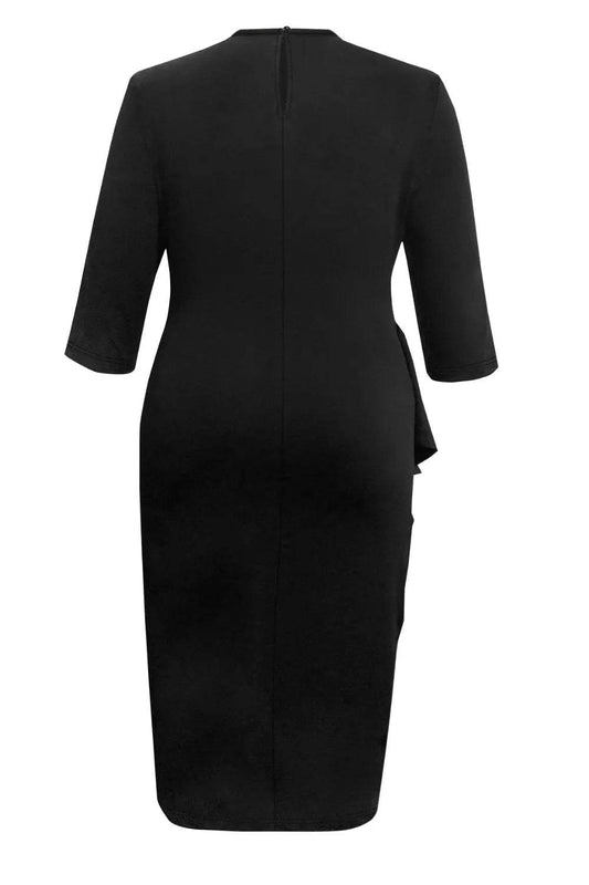 Plus Size Ruffle Trim Round Neck Long Sleeve Dress - IntuitiveEncBoutique