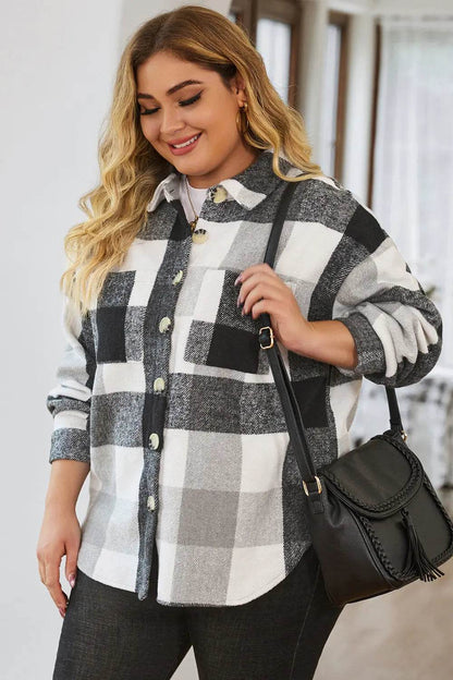 Plus Size Plaid Button Up Collared Neck Jacket - IntuitiveEncBoutique
