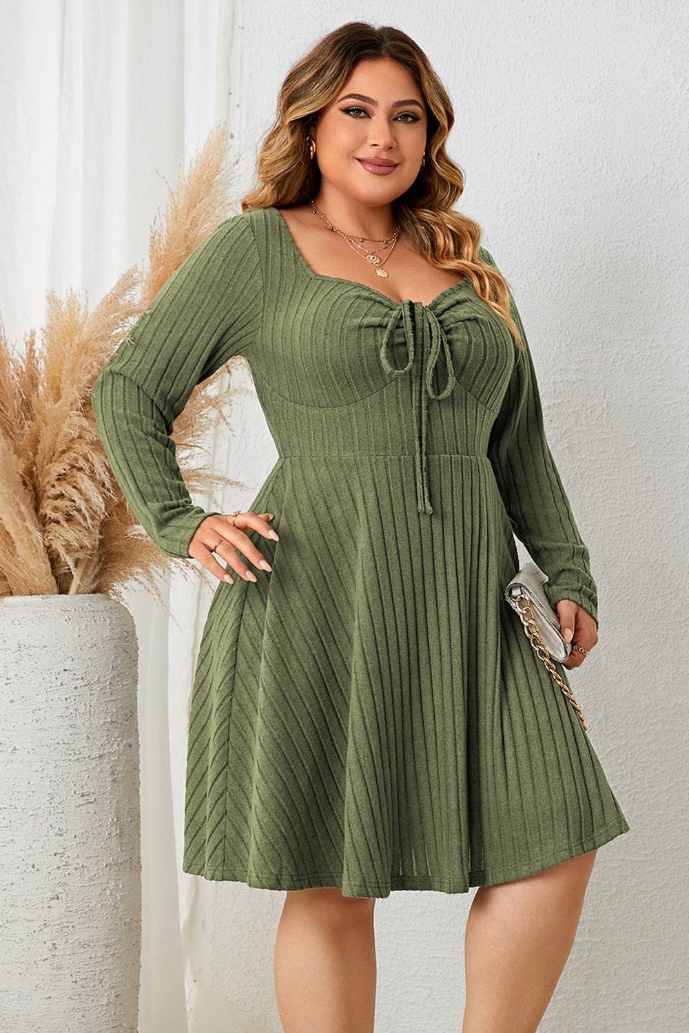 Honey Plus Size Sweetheart Neck Long Sleeve Ribbed Dress - IntuitiveEncBoutique