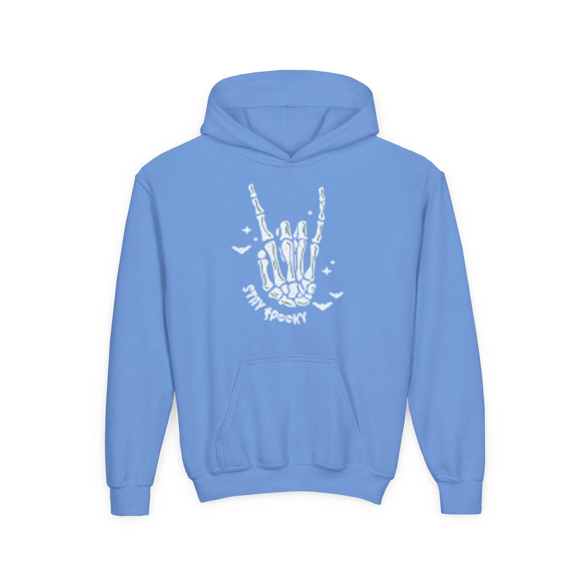 Youth Ghostly Rocker Hoodie - Stay Spooky Sweatshirt, Halloween Apparel, Youth Fashion, Skeleton Design, Cozy Gift - IntuitiveEncBoutique