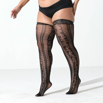 Lace border vertical stripe fishing net over knee socks sexy over knee anti slip silicone lace long tube socks - IntuitiveEncBoutique