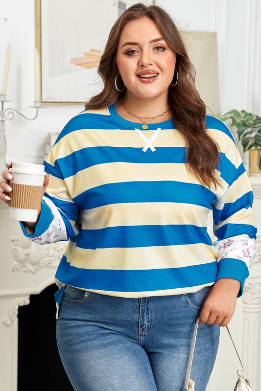 Blue Stripe Floral Color Block Drop Shoulder Plus Size Pullover Top - IntuitiveEncBoutique