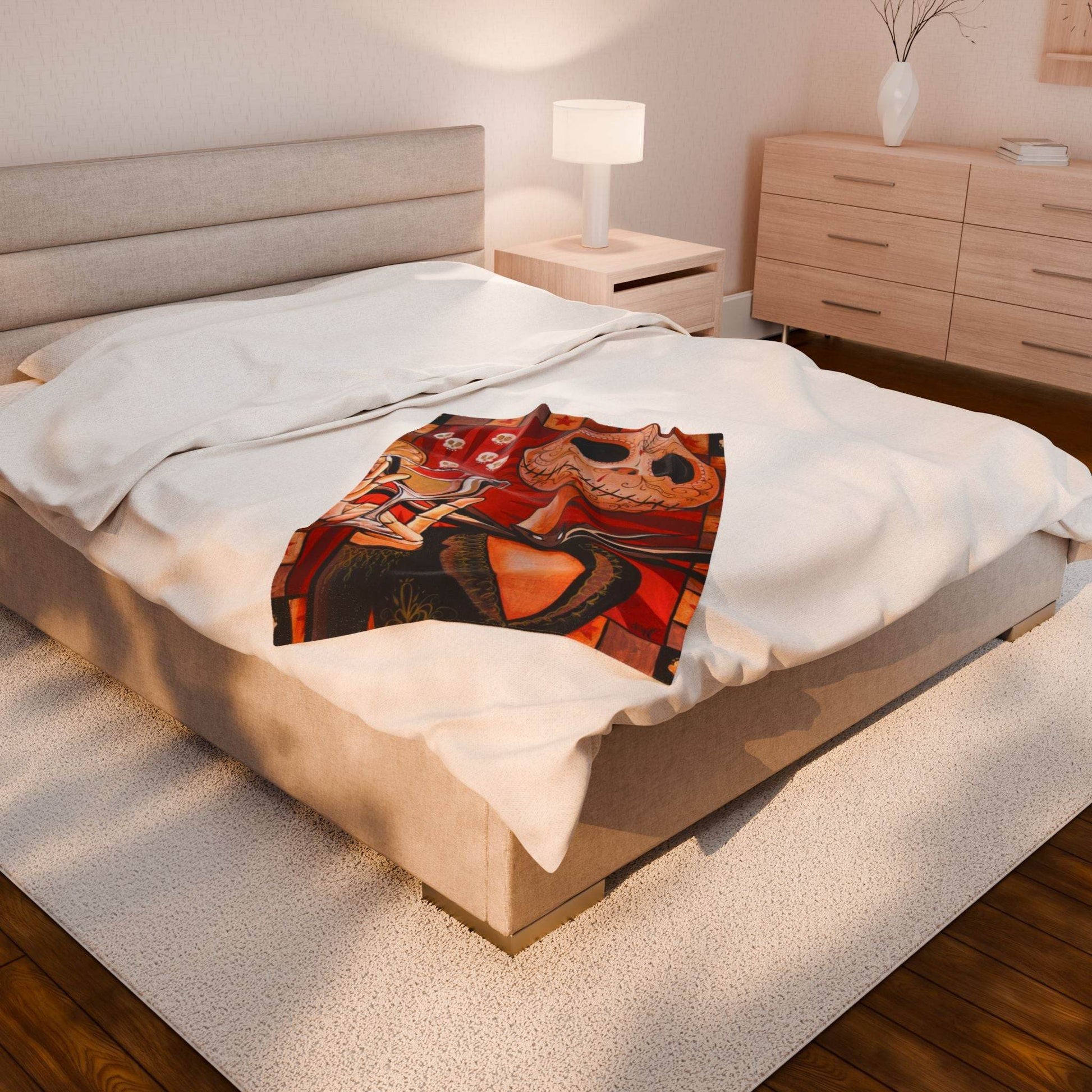 Velveteen Plush Blanket - Cozy Jack Skeleton Design, Halloween Decor, Movie-inspired Gift, Snuggly Throw, Unique Home Accent - IntuitiveEncBoutique