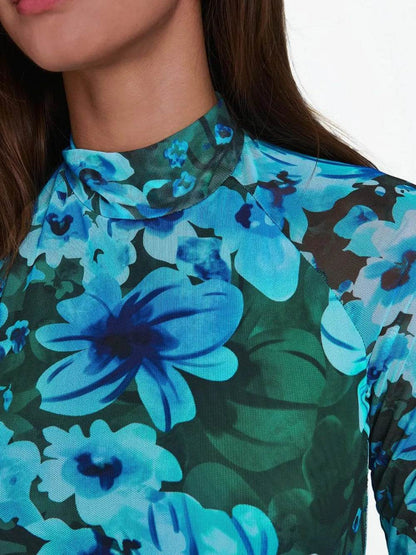 Floral Mock Neck Long Sleeve T-Shirt - IntuitiveEncBoutique