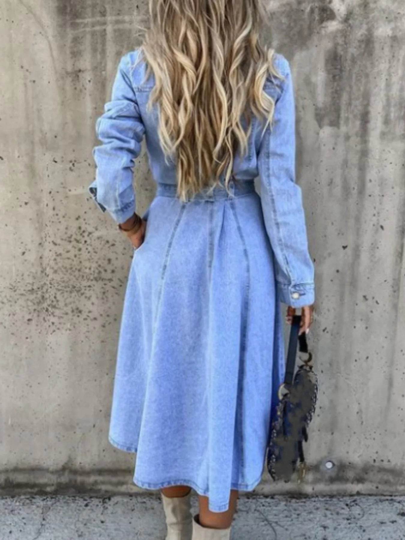 Full Size Tie Waist Button Front Denim Shirt Dress Plus Size - IntuitiveEncBoutique