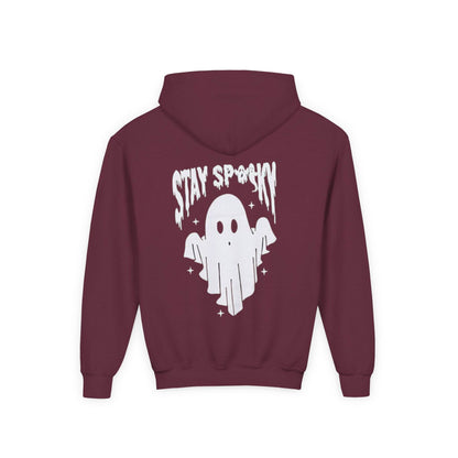 Youth Ghostly Rocker Hoodie - Stay Spooky Sweatshirt, Halloween Apparel, Youth Fashion, Skeleton Design, Cozy Gift - IntuitiveEncBoutique