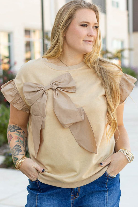 Parchment Ruffled Short Sleeve Bowknot Applique Crew Neck Plus Size Top - IntuitiveEncBoutique
