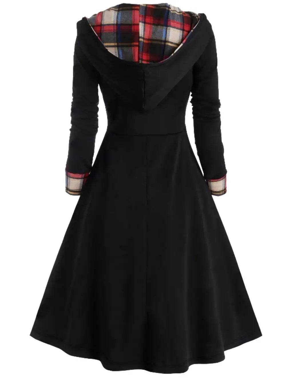 Plus Size Plaid Buttoned Long Sleeve Hooded Dress - IntuitiveEncBoutique