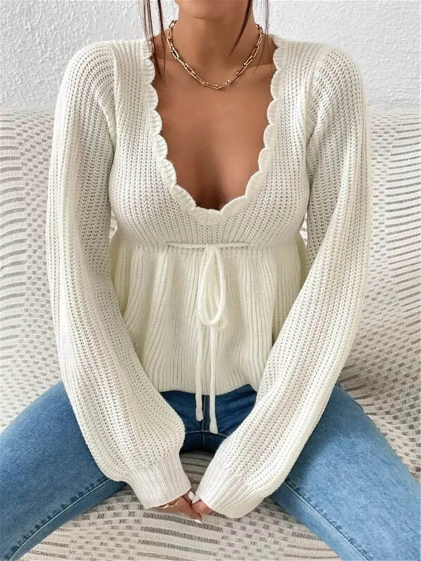Scalloped V-Neck Drawstring Knit Top - IntuitiveEncBoutique