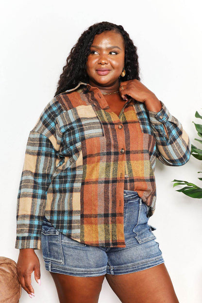 Double Take Plaid Curved Hem Shirt Jacket with Breast Pockets - IntuitiveEncBoutique