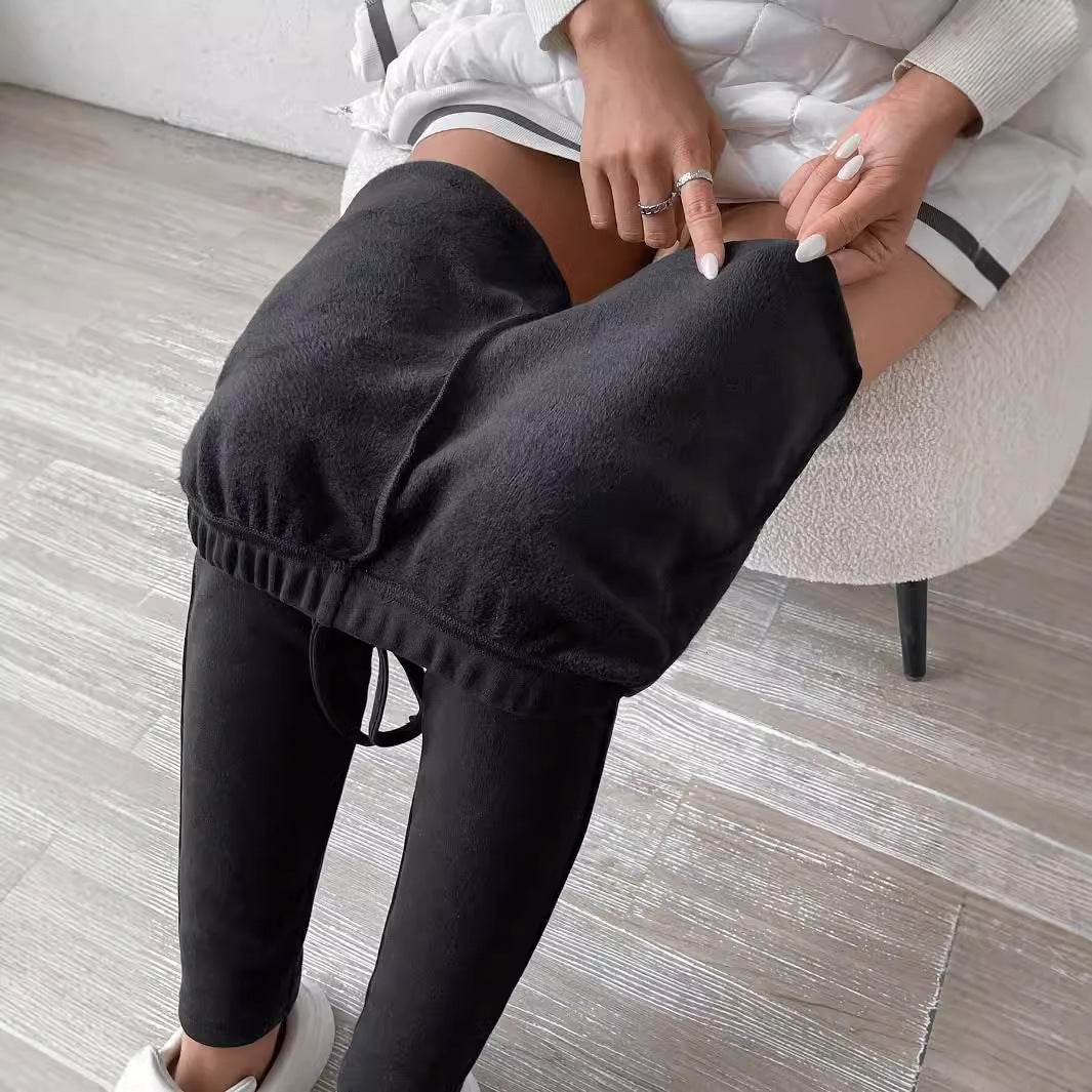 Pure Color Fleece Drawstring Slim Warm High-Waist Outerwear Leggings - IntuitiveEncBoutique