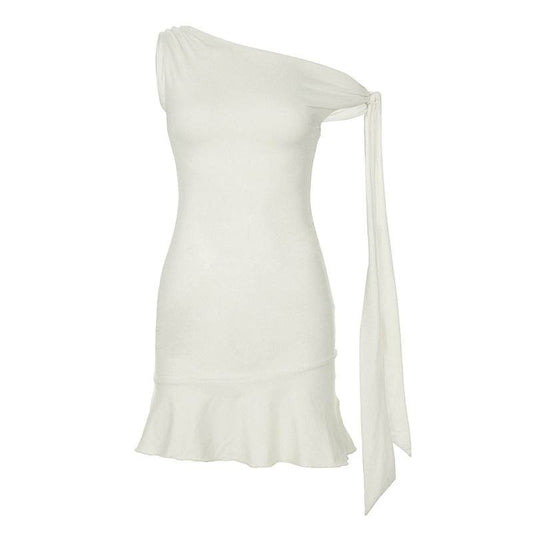 Style Solid Color Sexy One-Shoulder Tie Strap Sleeveless Dress Slimming Waist-Cinching Short Skirt - IntuitiveEncBoutique
