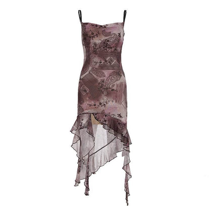 Vintage Print Irregular Hem Lace-Up Mesh Dress with Ruffle Edge and Strapless Design - IntuitiveEncBoutique