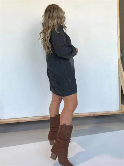 Full Size Button Front Long Sleeve Denim Dress Plus Size - IntuitiveEncBoutique