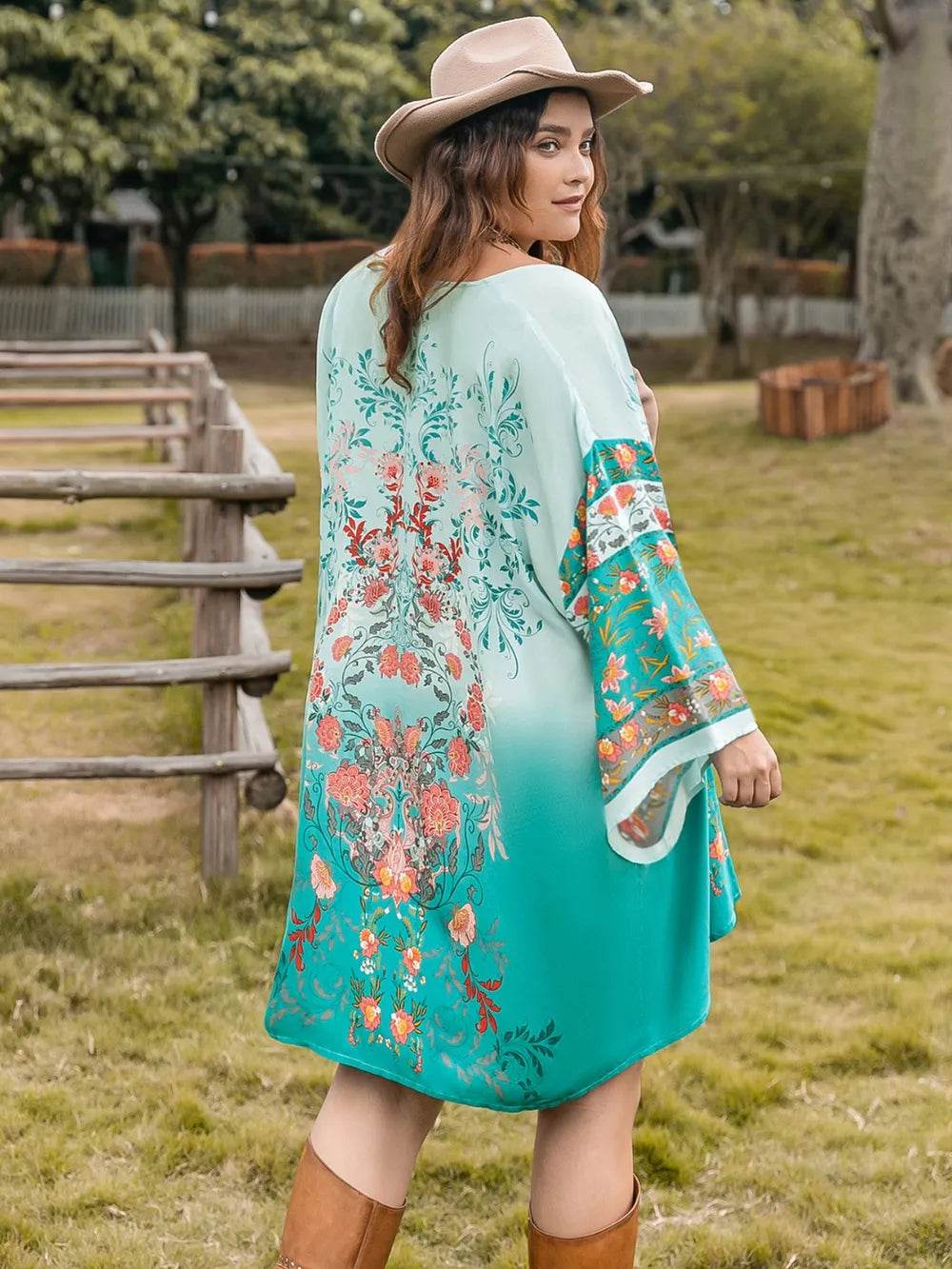 Plus Size Printed Open Front Long Sleeve Cover Up - IntuitiveEncBoutique
