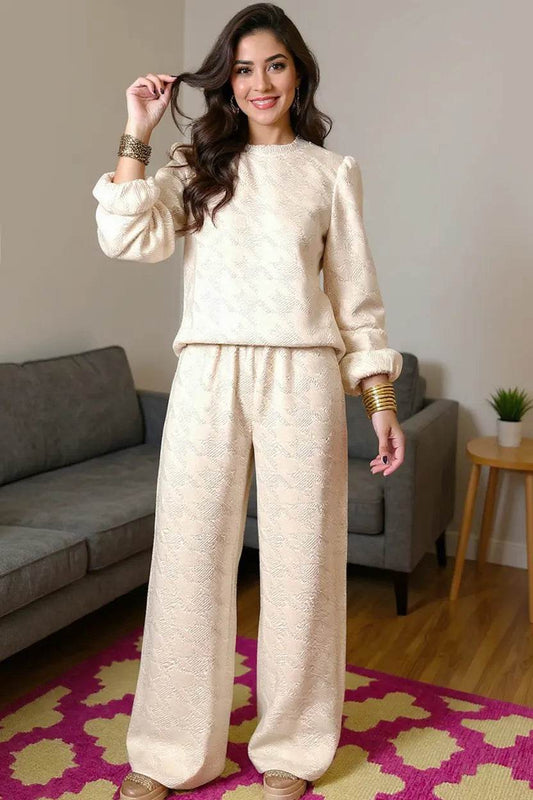 Double Take Texture Long Sleeve Top and Wide Leg Pants Set - IntuitiveEncBoutique