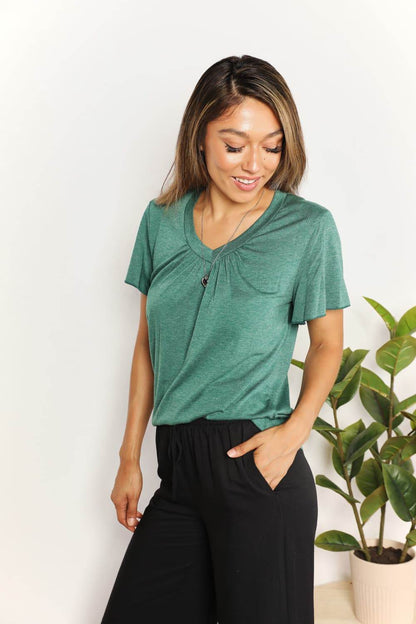 Double Take Ruched V-Neck Short Sleeve T-Shirt - IntuitiveEncBoutique