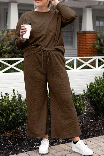 Double Take Full Size Textured Long Sleeve Top and Drawstring Pants Set - IntuitiveEncBoutique