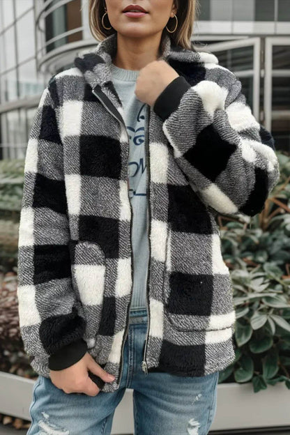 Double Take Full Size Plaid Long Sleeve Hooded Coat - IntuitiveEncBoutique